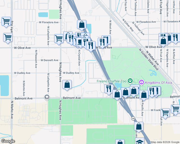 map of restaurants, bars, coffee shops, grocery stores, and more near 846 North Bengston Avenue in Fresno