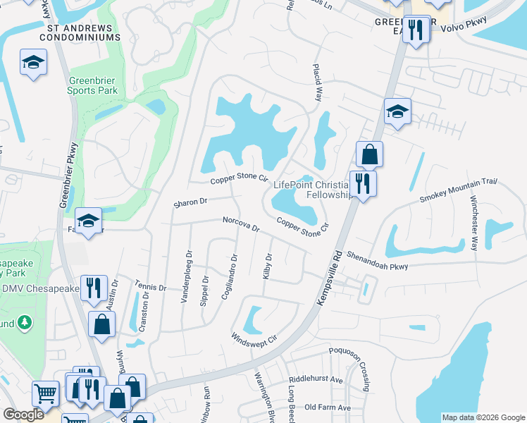 map of restaurants, bars, coffee shops, grocery stores, and more near 1218 Copper Stone Circle in Chesapeake