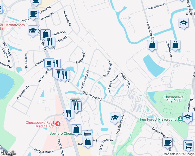 map of restaurants, bars, coffee shops, grocery stores, and more near 1002 Mathews Drive in Chesapeake