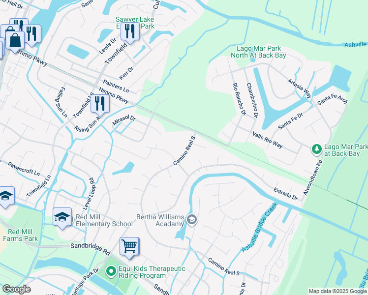 map of restaurants, bars, coffee shops, grocery stores, and more near 2409 Camino Real South in Virginia Beach