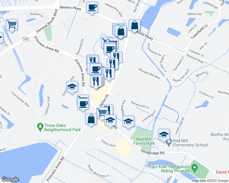 map of restaurants, bars, coffee shops, grocery stores, and more near Norrington Court in Virginia Beach