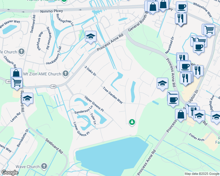 map of restaurants, bars, coffee shops, grocery stores, and more near 2512 Tree Garden Way in Virginia Beach