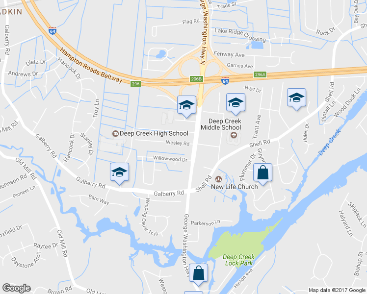 map of restaurants, bars, coffee shops, grocery stores, and more near 2805 Wesley Road in Chesapeake