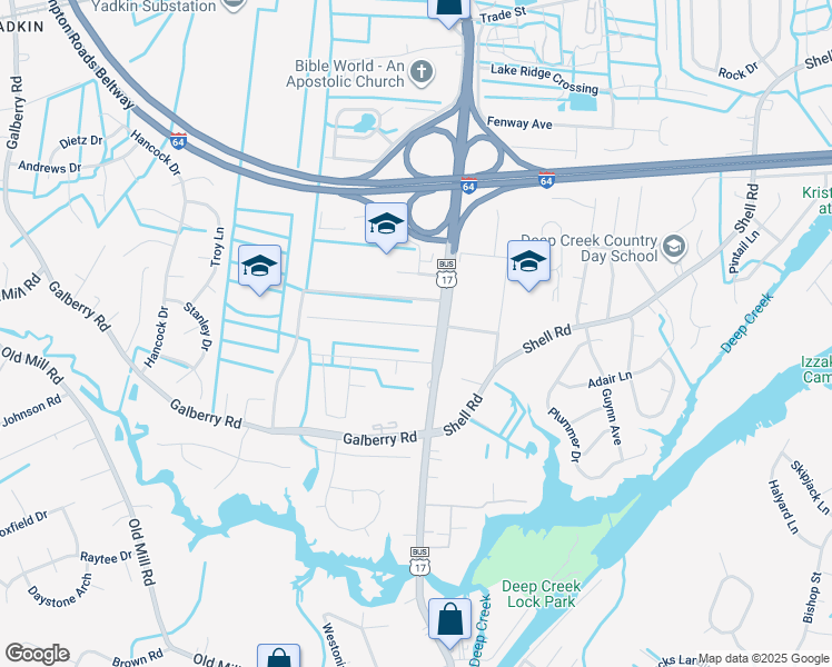 map of restaurants, bars, coffee shops, grocery stores, and more near 2805 Wesley Road in Chesapeake