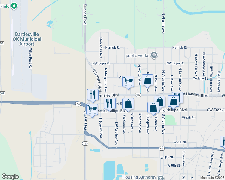 map of restaurants, bars, coffee shops, grocery stores, and more near 115 Northwest Adeline Avenue in Bartlesville