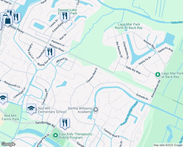 map of restaurants, bars, coffee shops, grocery stores, and more near 2409 Camino Real South in Virginia Beach