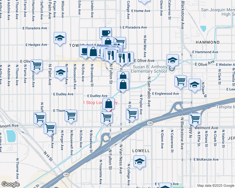 map of restaurants, bars, coffee shops, grocery stores, and more near 936 North Van Ness Avenue in Fresno