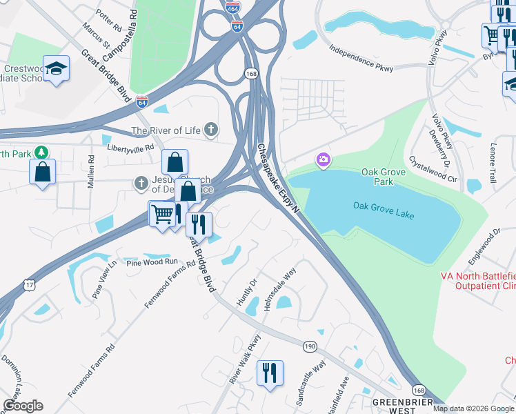 map of restaurants, bars, coffee shops, grocery stores, and more near 924 Wickford Drive in Chesapeake