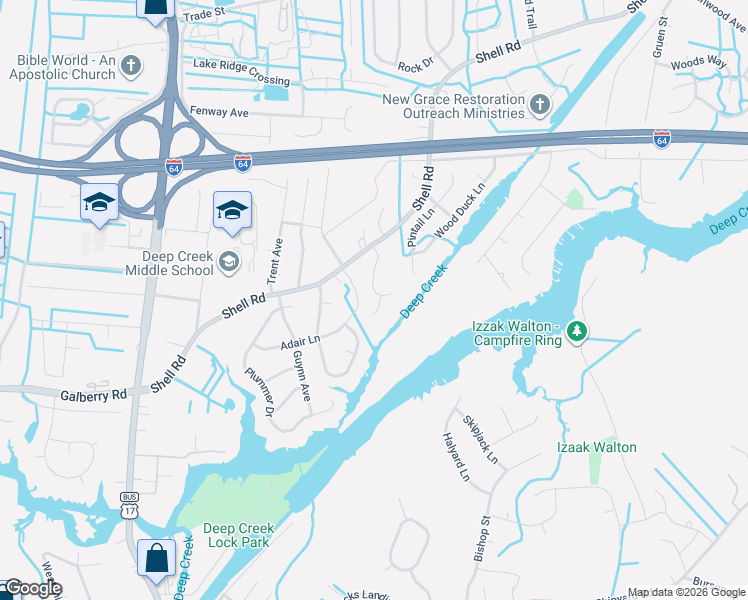 map of restaurants, bars, coffee shops, grocery stores, and more near 504 Hulen Drive in Chesapeake
