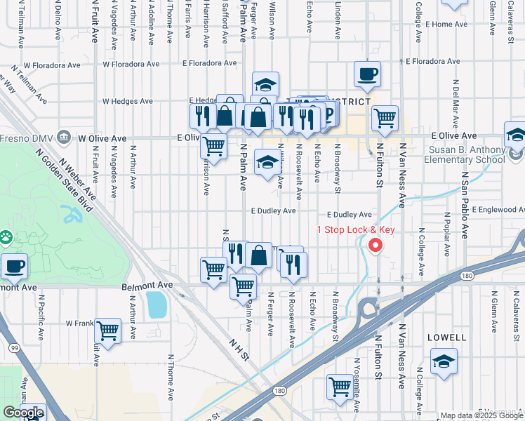 map of restaurants, bars, coffee shops, grocery stores, and more near North Ferger Avenue & East Dudley Avenue in Fresno