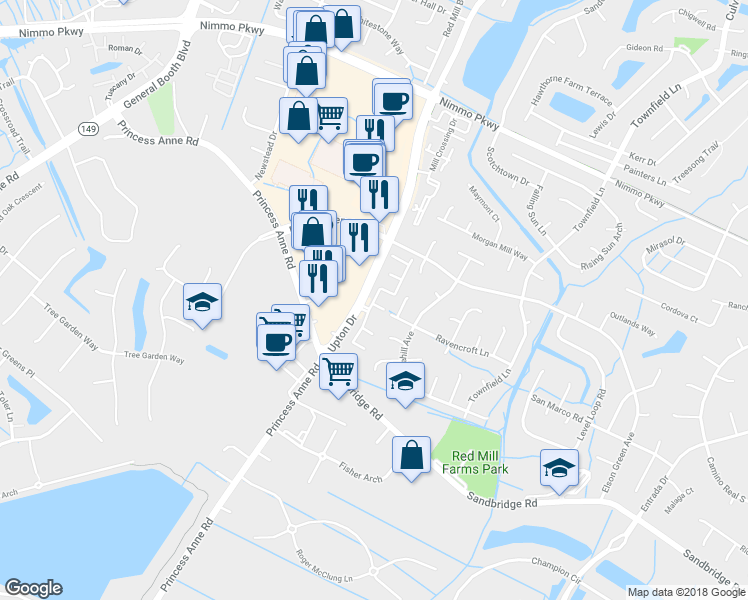 map of restaurants, bars, coffee shops, grocery stores, and more near 2328 Wessington Drive in Virginia Beach