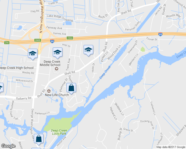 map of restaurants, bars, coffee shops, grocery stores, and more near 504 Hulen Drive in Chesapeake