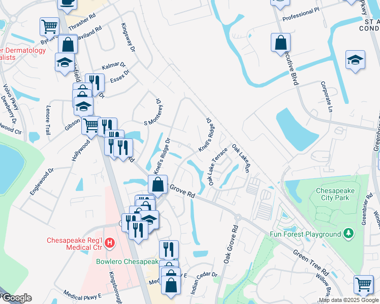 map of restaurants, bars, coffee shops, grocery stores, and more near 236 Knell's Ridge Drive in Chesapeake