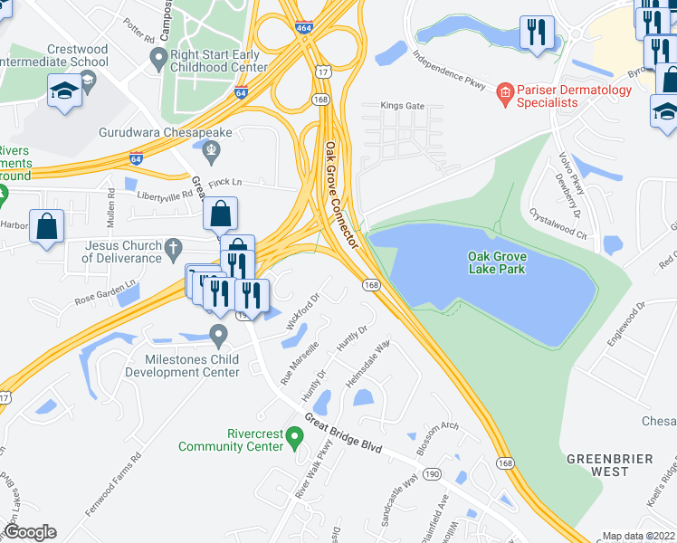 map of restaurants, bars, coffee shops, grocery stores, and more near 927 Wickford Drive in Chesapeake