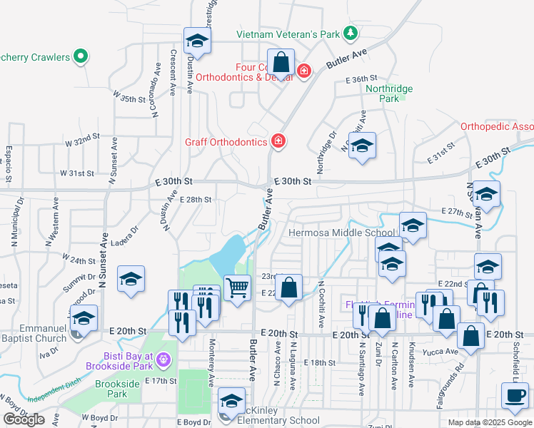 map of restaurants, bars, coffee shops, grocery stores, and more near 2800 Butler Avenue in Farmington