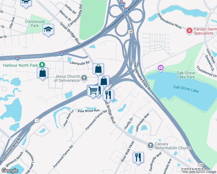 map of restaurants, bars, coffee shops, grocery stores, and more near 1024 Blake Street in Chesapeake