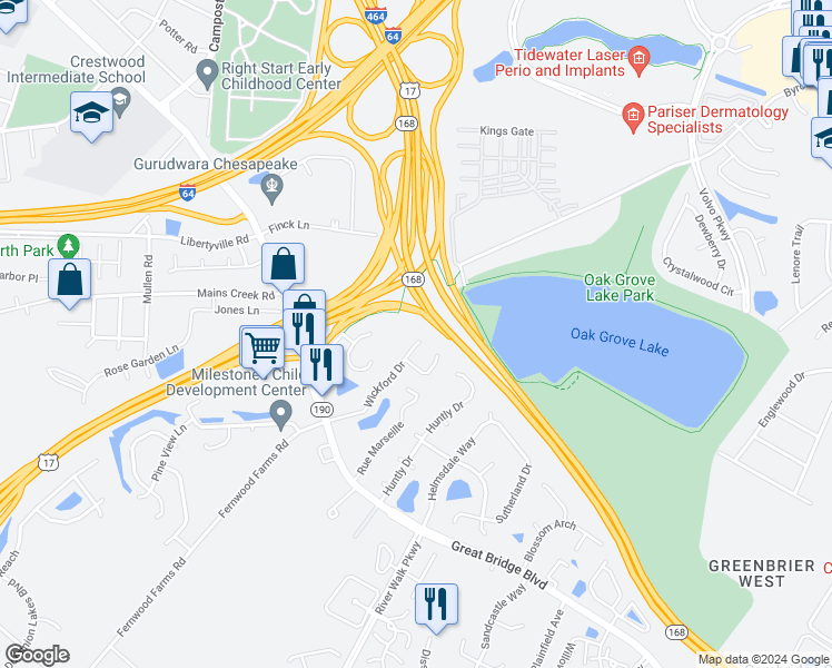map of restaurants, bars, coffee shops, grocery stores, and more near 922 Wickford Drive in Chesapeake