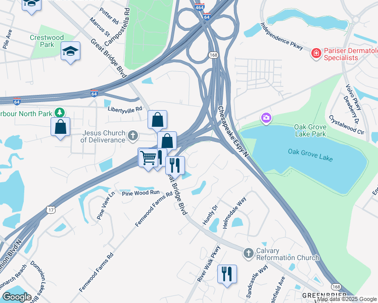 map of restaurants, bars, coffee shops, grocery stores, and more near 774 Hunters Quay in Chesapeake