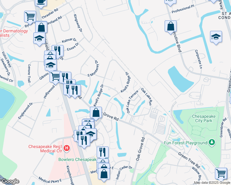 map of restaurants, bars, coffee shops, grocery stores, and more near 236 Knell's Ridge Drive in Chesapeake