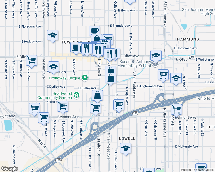 map of restaurants, bars, coffee shops, grocery stores, and more near 936 North Van Ness Avenue in Fresno