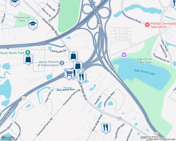 map of restaurants, bars, coffee shops, grocery stores, and more near 774 Hunters Quay in Chesapeake