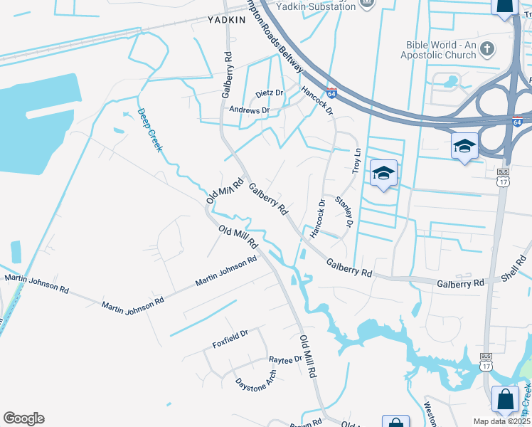 map of restaurants, bars, coffee shops, grocery stores, and more near 3113 Galberry Road in Chesapeake