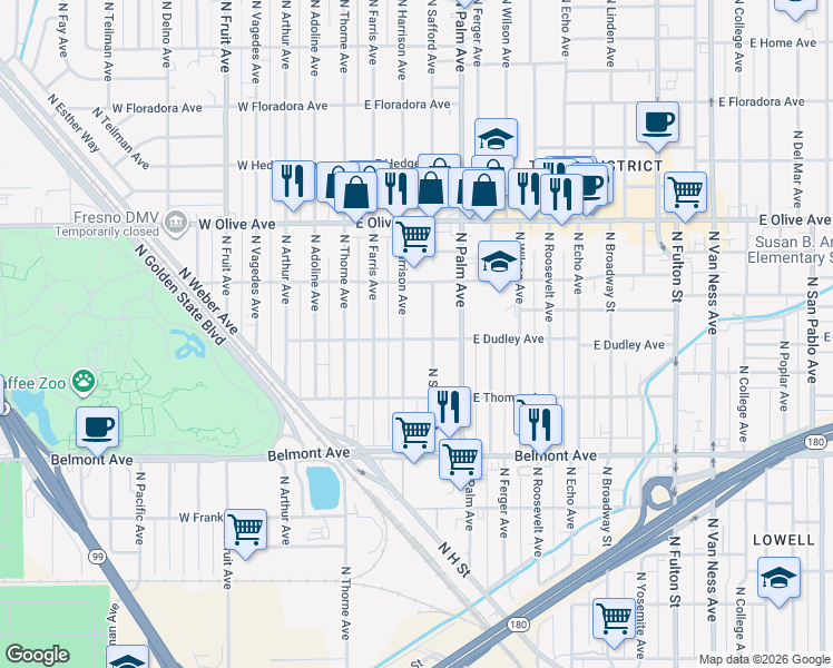 map of restaurants, bars, coffee shops, grocery stores, and more near 927 North Harrison Avenue in Fresno