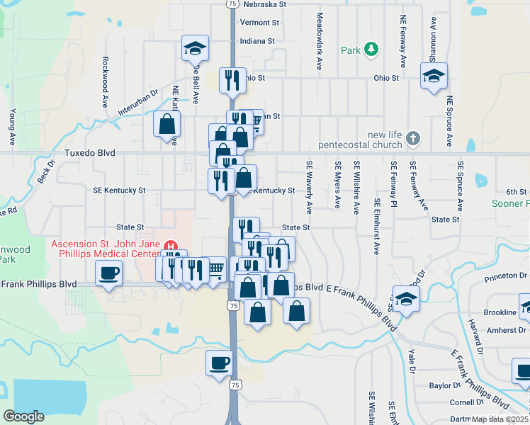 map of restaurants, bars, coffee shops, grocery stores, and more near 229 Southeast Avondale Avenue in Bartlesville