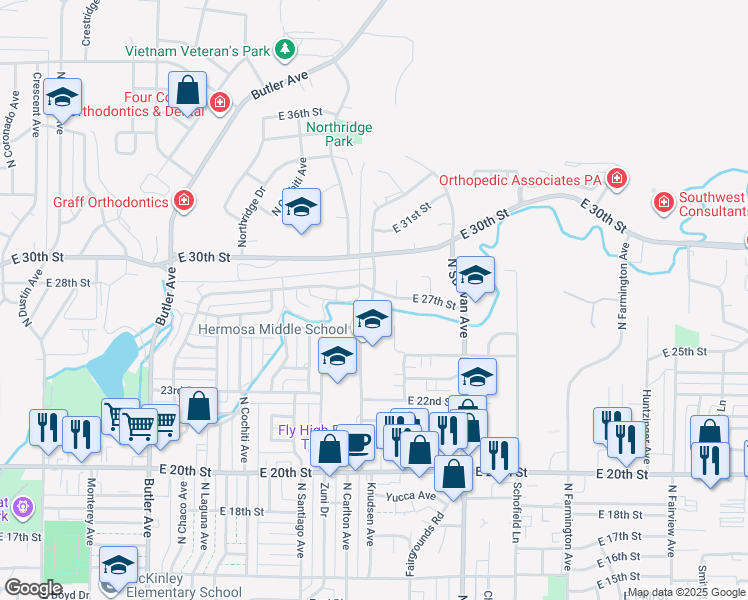 map of restaurants, bars, coffee shops, grocery stores, and more near 1517 East 27th Street in Farmington