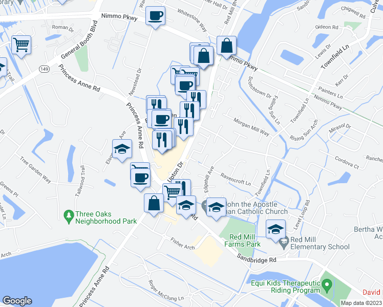 map of restaurants, bars, coffee shops, grocery stores, and more near 2268 Wessington Drive in Virginia Beach