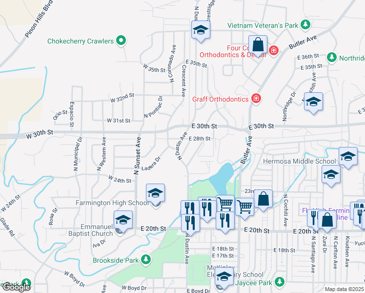 map of restaurants, bars, coffee shops, grocery stores, and more near 2716 North Dustin Avenue in Farmington