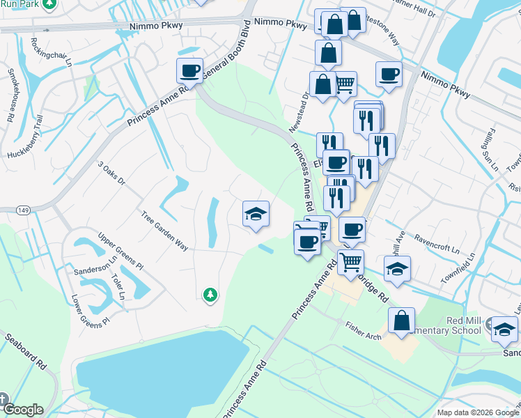 map of restaurants, bars, coffee shops, grocery stores, and more near 2245 Swaying Limb Lane in Virginia Beach