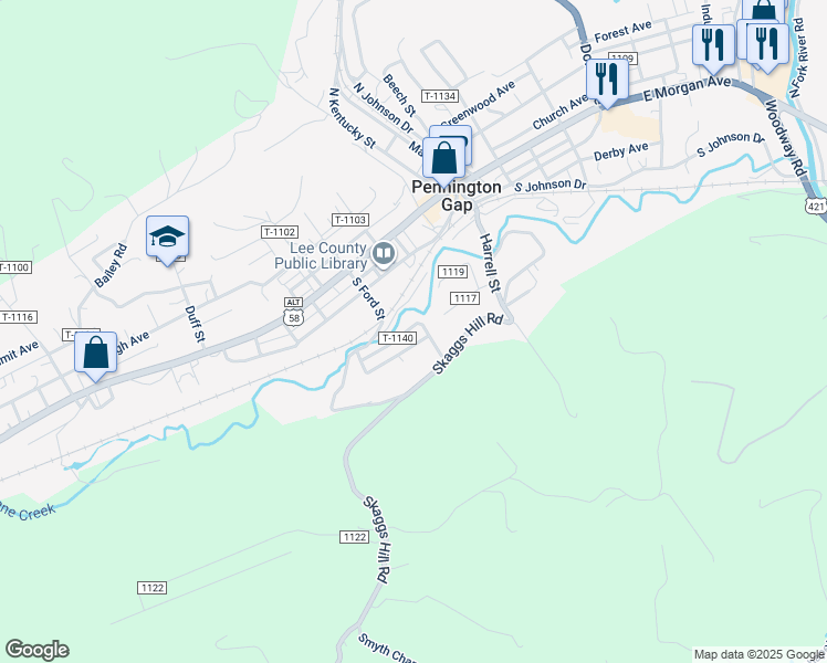 map of restaurants, bars, coffee shops, grocery stores, and more near L&N Avenue in Pennington Gap