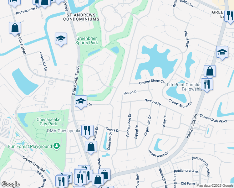 map of restaurants, bars, coffee shops, grocery stores, and more near 1112 Sharon Drive in Chesapeake