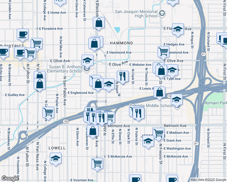 map of restaurants, bars, coffee shops, grocery stores, and more near 1844 East Lewis Avenue in Fresno