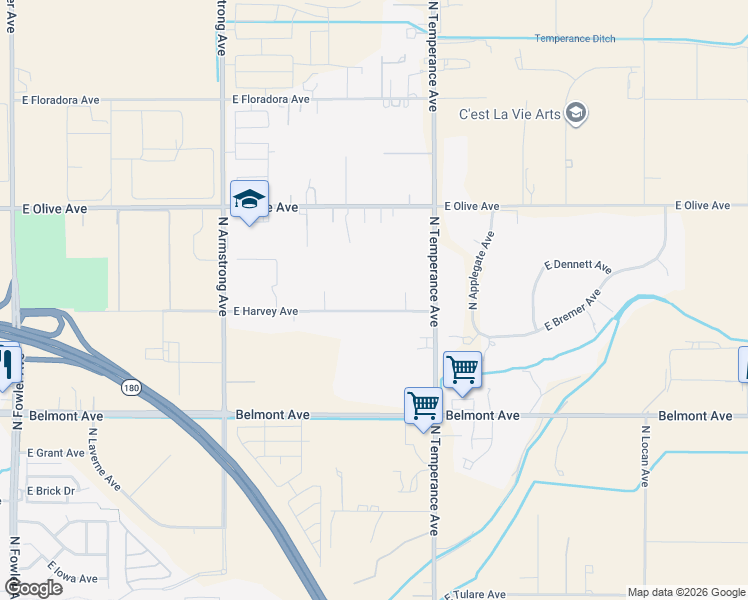 map of restaurants, bars, coffee shops, grocery stores, and more near 6796 East Harvey Avenue in Fresno