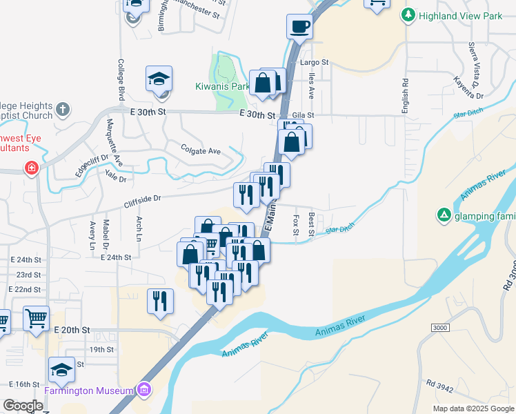 map of restaurants, bars, coffee shops, grocery stores, and more near 3820 East Main Street in Farmington