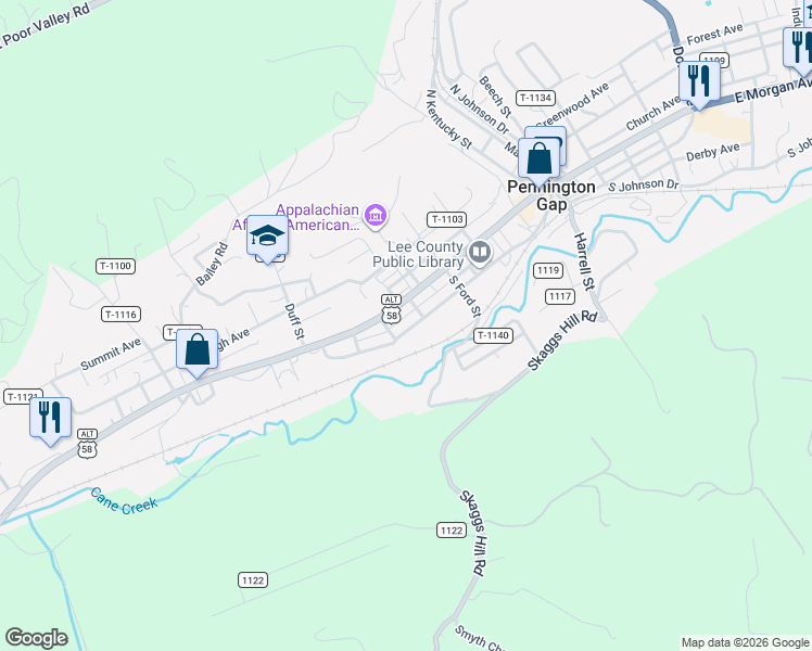 map of restaurants, bars, coffee shops, grocery stores, and more near 538-624 Joslyn Ave in Pennington Gap