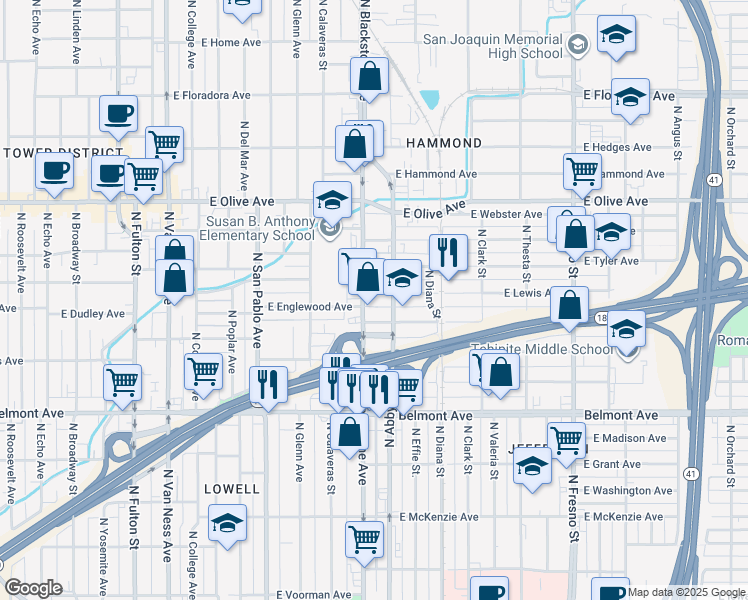 map of restaurants, bars, coffee shops, grocery stores, and more near 1718 East Lewis Avenue in Fresno