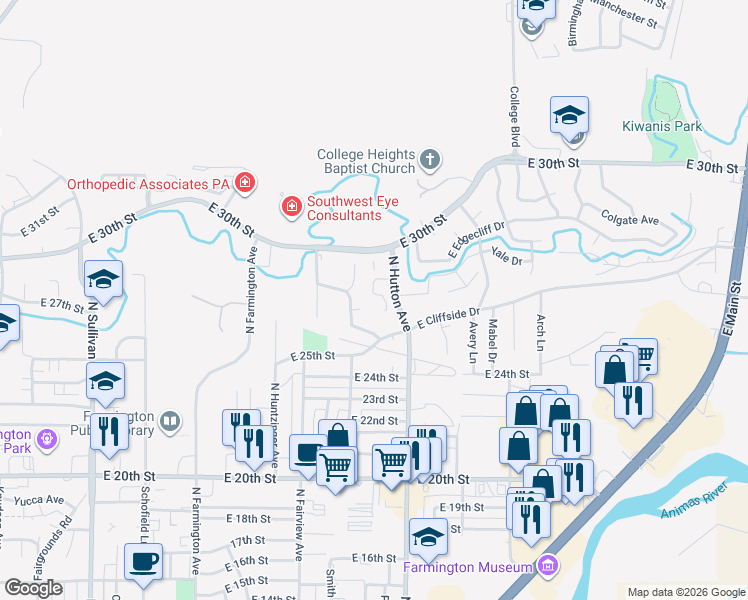 map of restaurants, bars, coffee shops, grocery stores, and more near 2723 Eastridge Court in Farmington