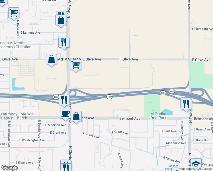 map of restaurants, bars, coffee shops, grocery stores, and more near 5701 East Harvey Avenue in Fresno
