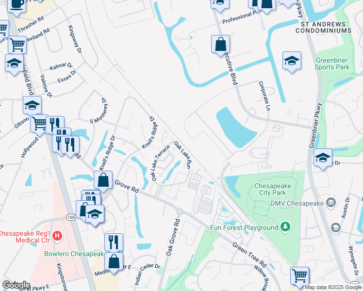 map of restaurants, bars, coffee shops, grocery stores, and more near 345 Oak Lake Run in Chesapeake