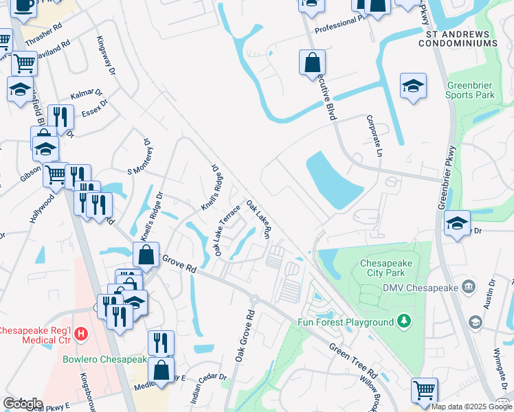 map of restaurants, bars, coffee shops, grocery stores, and more near 345 Oak Lake Run in Chesapeake