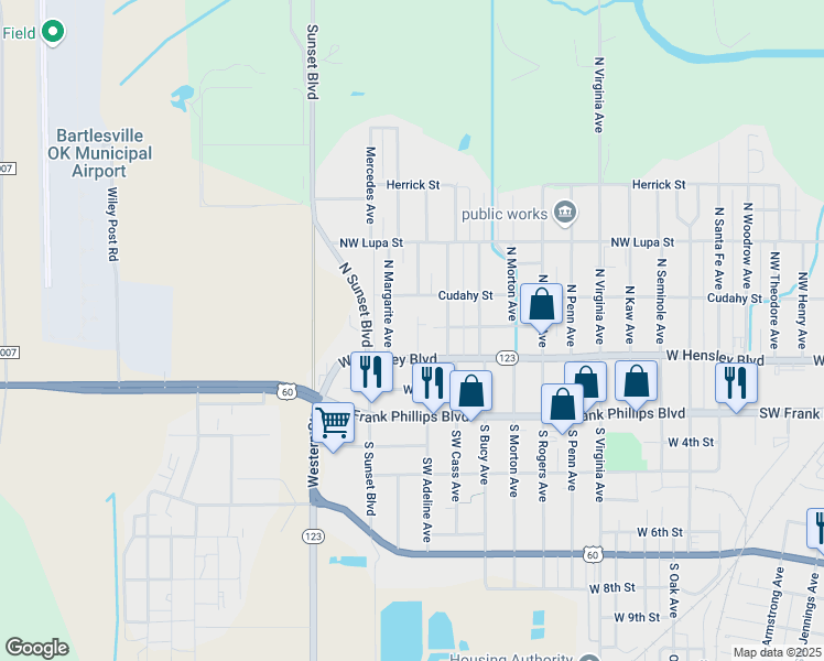 map of restaurants, bars, coffee shops, grocery stores, and more near 115 Northwest Adeline Avenue in Bartlesville