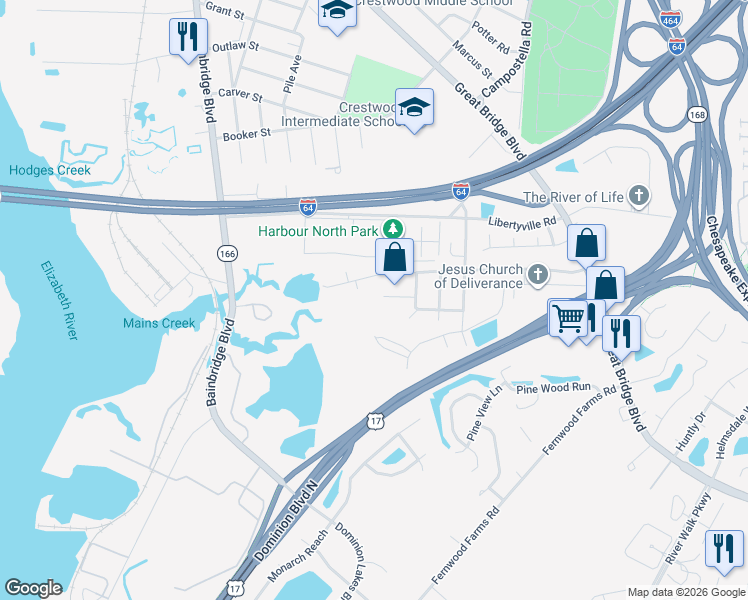 map of restaurants, bars, coffee shops, grocery stores, and more near 945 Costa Avenue in Chesapeake
