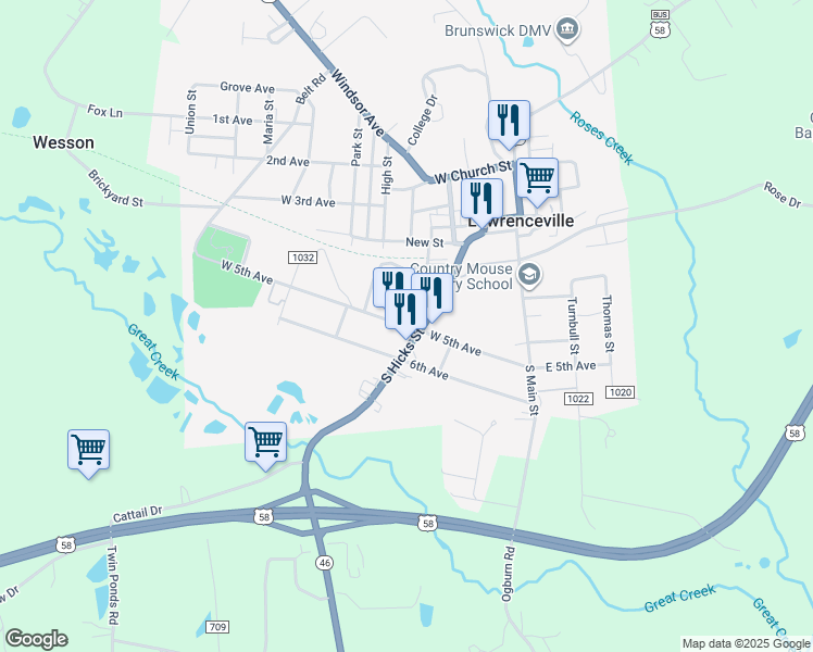 map of restaurants, bars, coffee shops, grocery stores, and more near County Road 1005 in Lawrenceville