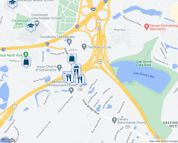 map of restaurants, bars, coffee shops, grocery stores, and more near 778 Hunters Quay in Chesapeake