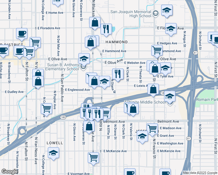 map of restaurants, bars, coffee shops, grocery stores, and more near 1844 East Lewis Avenue in Fresno
