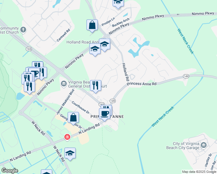 map of restaurants, bars, coffee shops, grocery stores, and more near 2333 Kingsman Lane in Virginia Beach