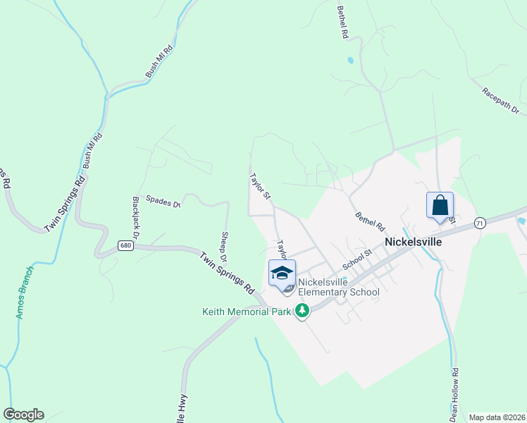 map of restaurants, bars, coffee shops, grocery stores, and more near 140 Retriever Drive in Nickelsville